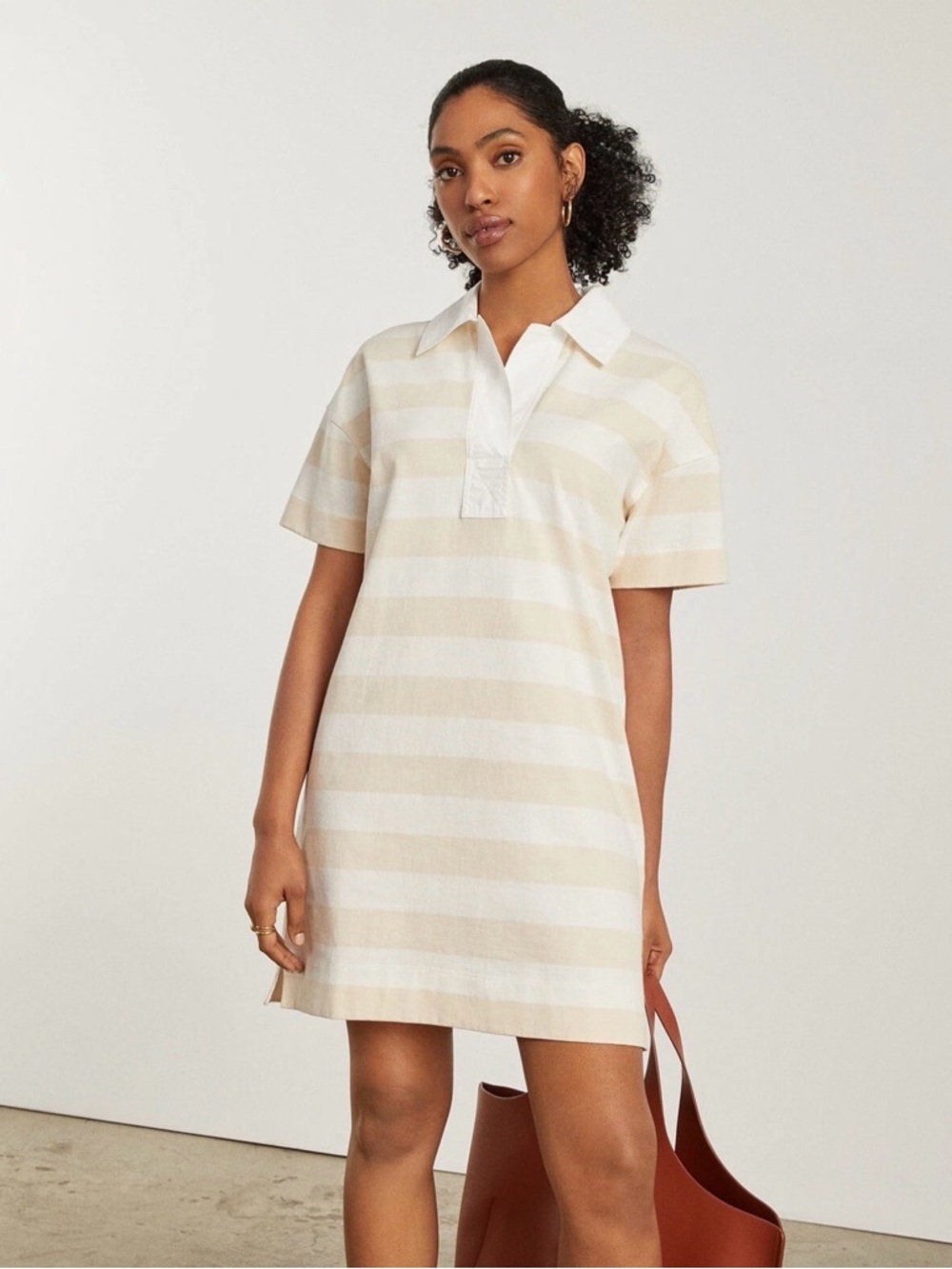 Everlane Organic Cotton Polo Shirt Dress Cream, White Striped Short Sleeve S NWT